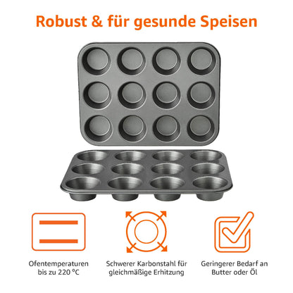 Amazon Basics Round Muffin Pan, Non-Stick Coating, Carbon Steel, 2-Pack, Gray, 13.9"x10.55"x1.22"