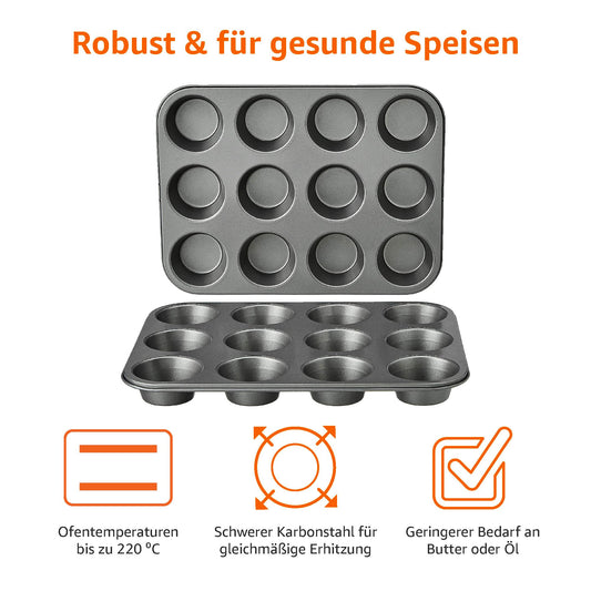 Amazon Basics Round Muffin Pan, Non-Stick Coating, Carbon Steel, 2-Pack, Gray, 13.9"x10.55"x1.22"