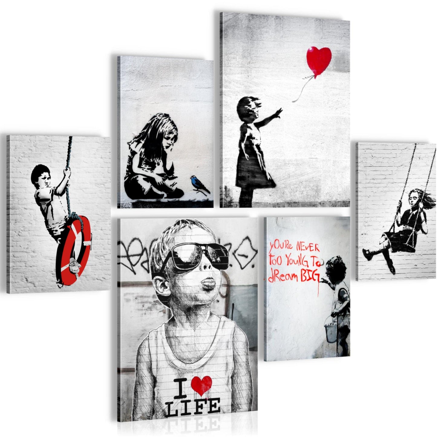 Novart Wall Art Set Banksy Collage Street Art Gray - NO EXTRA FRAME NEEDED - Modern Decor - Living Room Office Loft N003163a