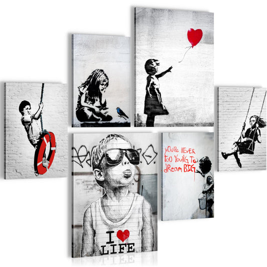 Novart Wall Art Set Banksy Collage Street Art Gray - NO EXTRA FRAME NEEDED - Modern Decor - Living Room Office Loft N003163a