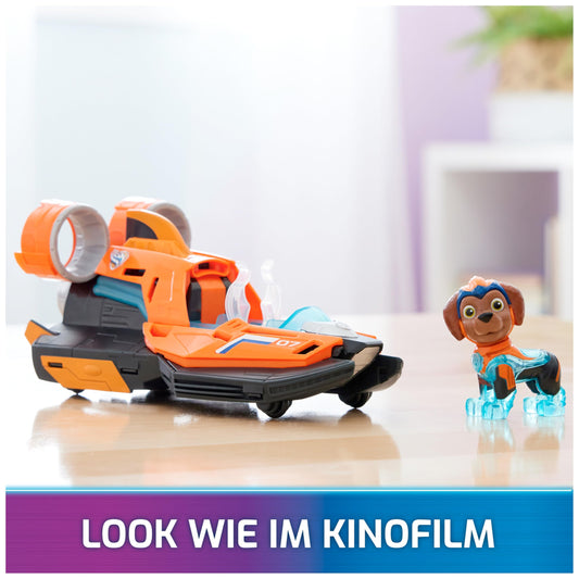 PAW Patrol: The Mighty Movie, Zuma's Superhero Base Vehicle with puppy figure, speedboat with light and sound effects, suitable for children aged 3 and older.