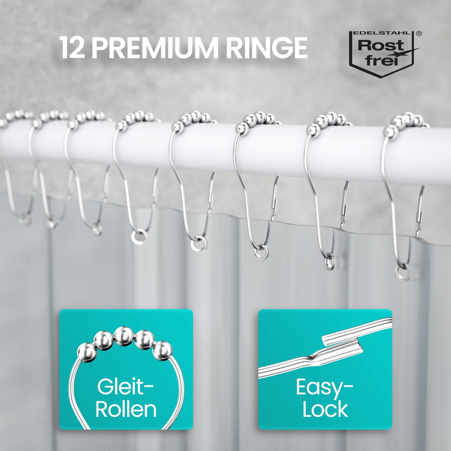 Shower curtain rod L-shape & shower rod U-shape 6 in 1 system incl. 12 rings - Stable corner rod for shower curtain without ceiling mounting - Corner shower rod rustproof - Bathtub & shower curtain rod