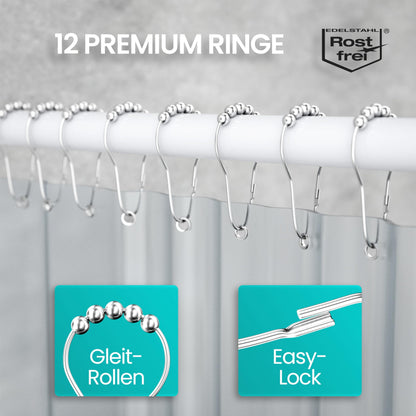 Shower curtain rod L-shape & shower rod U-shape 6 in 1 system incl. 12 rings - Stable corner rod for shower curtain without ceiling mounting - Corner shower rod rustproof - Bathtub & shower curtain rod