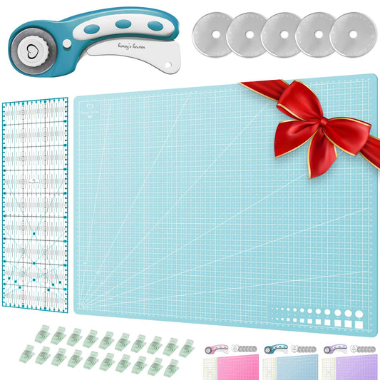 Honey's Heaven 45mm rotary cutter fabric cutter set including cutting mat, replacement blades, fabric clips, patchwork ruler (turquoise/mint, cutting mat in A2 size)