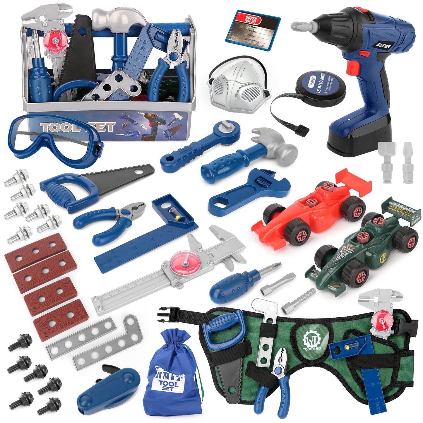 Vanplay toy for kids aged 3 years and up, tool set for children with toolbox, measuring tape, assembly car, drill, tool belt, STEM toy for kids 3-7 boys girls (87 pcs)