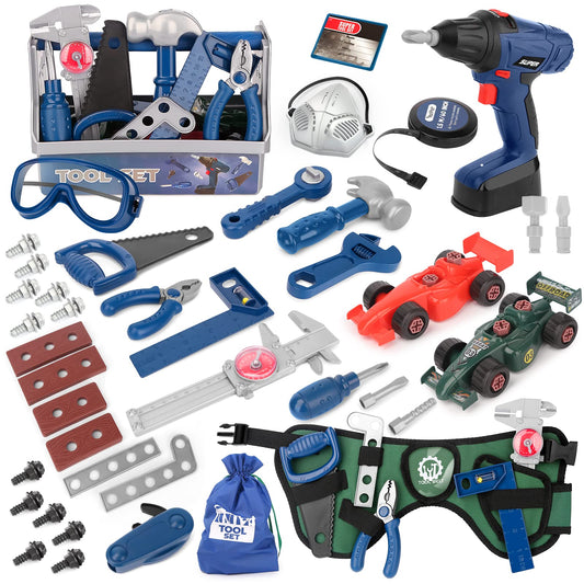Vanplay toy for kids aged 3 years and up, tool set for children with toolbox, measuring tape, assembly car, drill, tool belt, STEM toy for kids 3-7 boys girls (87 pcs)