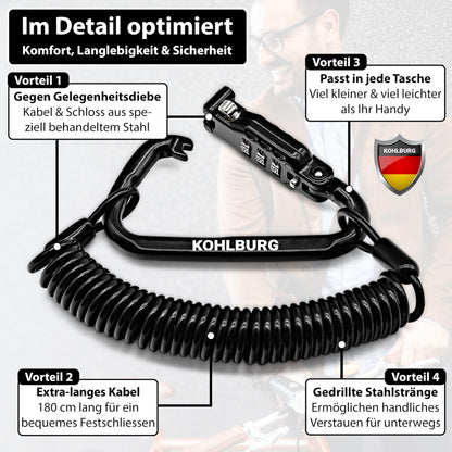 KOHLBURG 180cm extra-long combination lock for the bag - 3mm thick cable lock for use as stroller lock, helmet lock, snowboard lock & ski lock - mini road bike & bicycle lock with combination code
