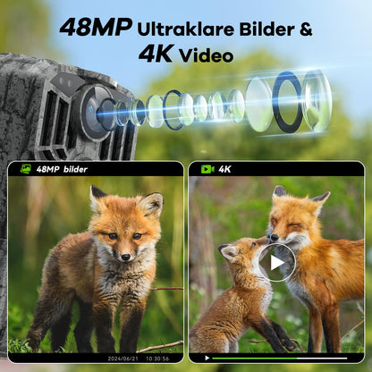 DEATTI trail camera with mobile transmission app, 4K 48MP HD WiFi Bluetooth trail camera with motion sensor night vision, 120° wide angle wildlife camera, IP66 waterproof, 32GB SD card and 8AA batteries.