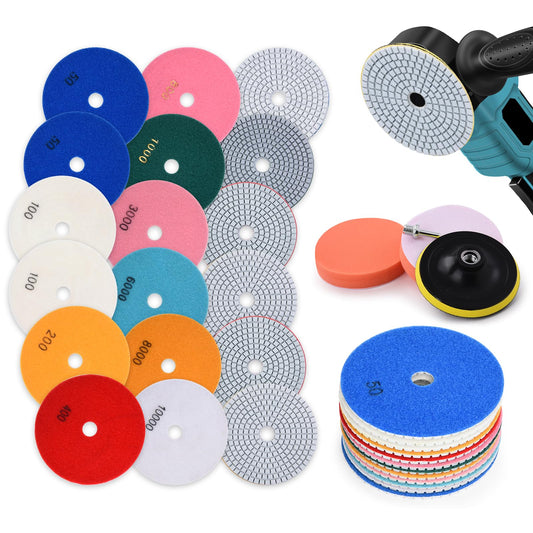 16 pieces 100mm diamond polishing pads including M14 rubber support pad, wool felt, foam polishing pad, 8mm drill attachment, 50-10000 diamond grinding disc for tile grinding disc marble.