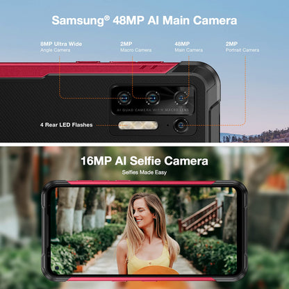 DOOGEE S97 PRO outdoor smartphone with 40m laser rangefinder, 8GB+128GB, 8500mAh battery (wireless charging), 6.39" UHD display, IP68, NFC/GPS, Android 11. Available in red. No contract required.