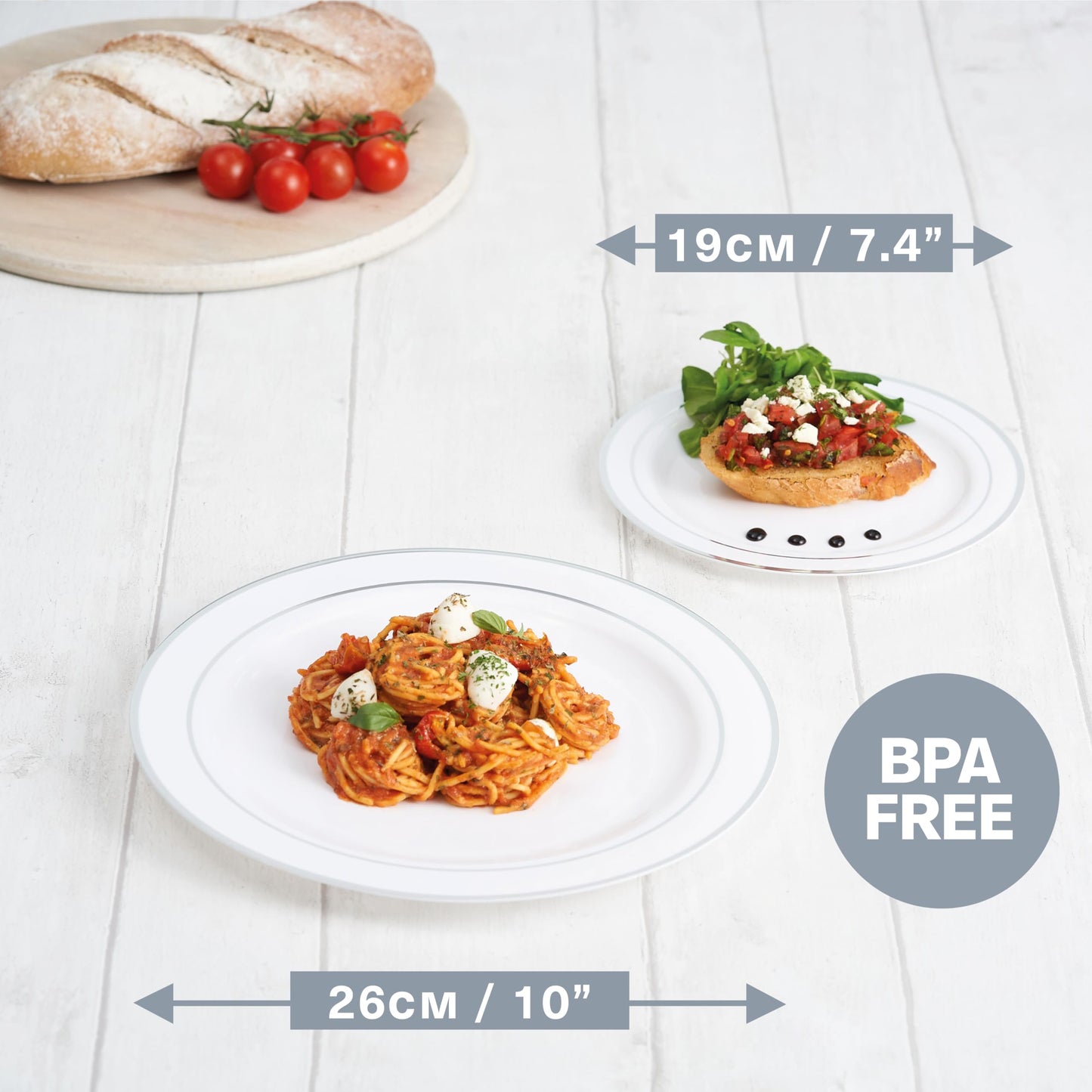 MATANA 120 Premium White Plastic Plates with Silver Rim, 2 Sizes - Unbreakable & Reusable Plastic Plates, Party Plates for Weddings, Birthdays, Parties - Elegant & Sturdy Party Tableware