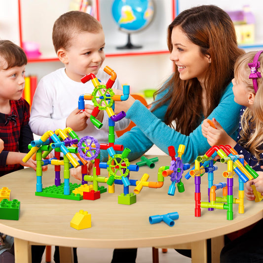 Burgkidz Pipe Tube Toys, 188 pieces of classic building blocks assembly toy with wheels and baseplate for kids. Perfect gift for boys and girls for creative learning education.