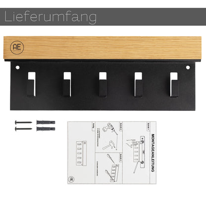 AE GÜNTHER® Key Board Wood - Key Holder Black Steel - Oak Key Board - Key Organizer with Storage - Keychain - Key Box - Wall Organizer - Key Rack