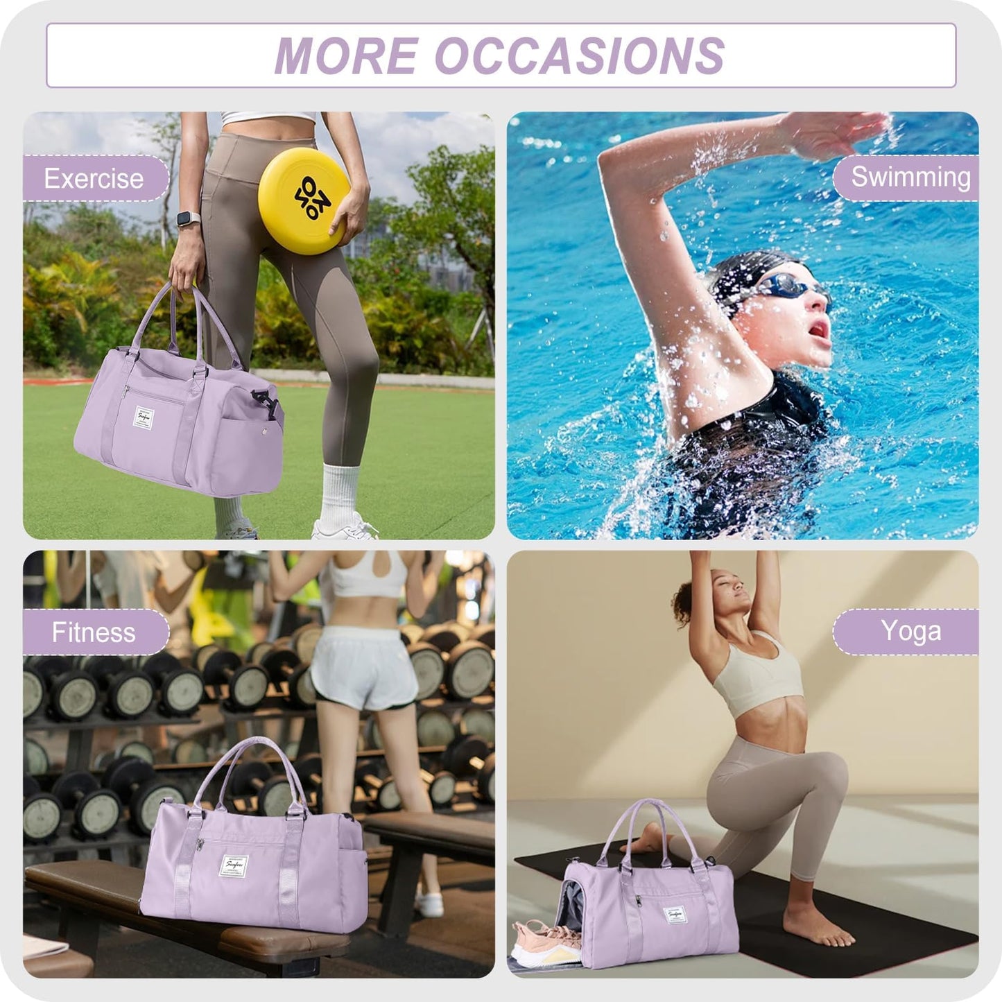 HYC00 Sport Duffel Bag for Women Men, Gym Bag with Wet Pocket & Shoe Compartment, Travel Duffel Bags Overnight Bag Travel Bag Carry on Luggage Fitness Bag Workout Bag Weekender Bag, Purple