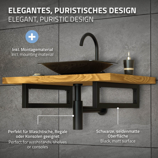 ML-Design 2-piece set wall bracket for washbasin, 350x150 mm, black, steel, design washbasin bracket, wall bracket for undercounter washbasin, console bracket shelf bracket towel holder