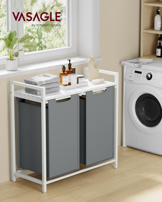VASAGLE laundry basket with 2 compartments, laundry collector with shelf, laundry box, laundry bag made of Oxford fabric removable, metal frame, 2 x 46 L, 73 x 33 x 72 cm, slate grey-matte white BLH201W11