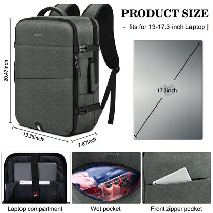 Lubardy 40L Laptop Backpack for Men Waterproof 17.3 Inch with 3 Storage Pockets Travel Backpack for Work School Weekend Trip Grey