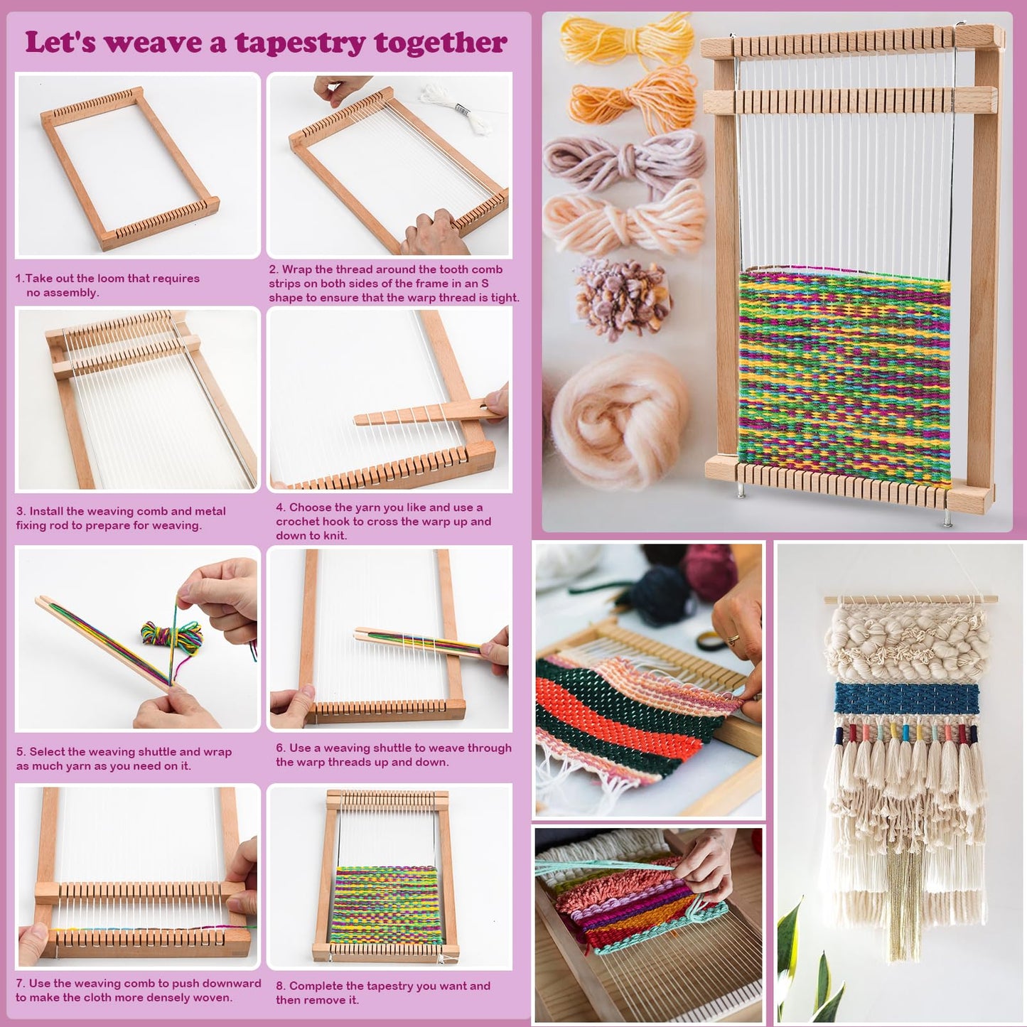LYKTRIX kids wooden loom kit, weaving set for 4-12 year olds. Perfect school loom for students and beginners, includes enough yarn for knitting.