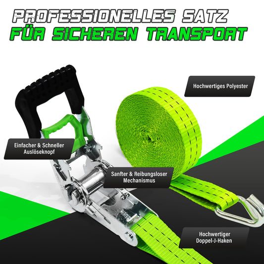 StarLeaparts 2-piece set ratchet tie-down straps, 6m x 35mm. Professional two-piece wheel straps, rated up to 2000kg. Ratcheting straps for car transport vehicle wheel security, Green.