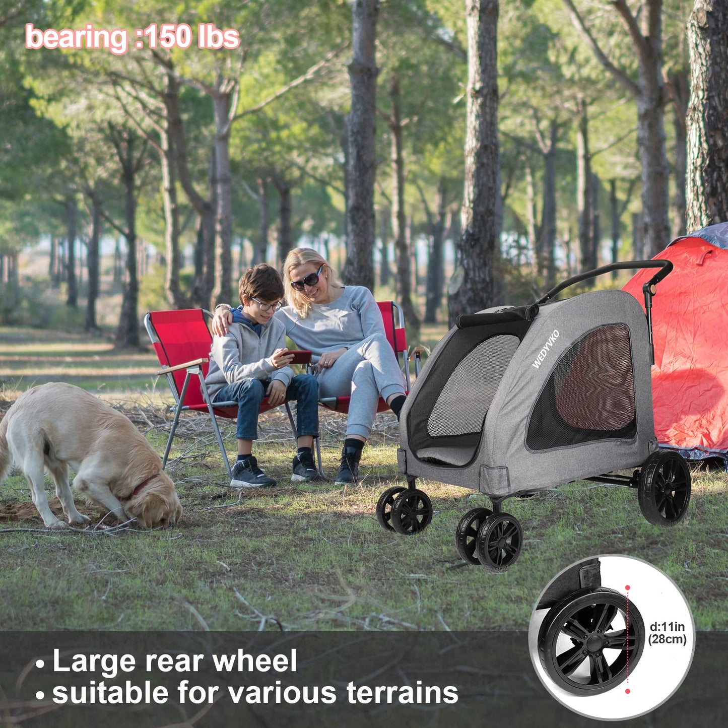 Virzen Pet Stroller 4 Wheels, Foldable Dog Stroller, Dog Buggy Pet Stroller with Mesh Windows, Pets Buggy Capacity up to 54kg for medium and large pets (Grey 2)