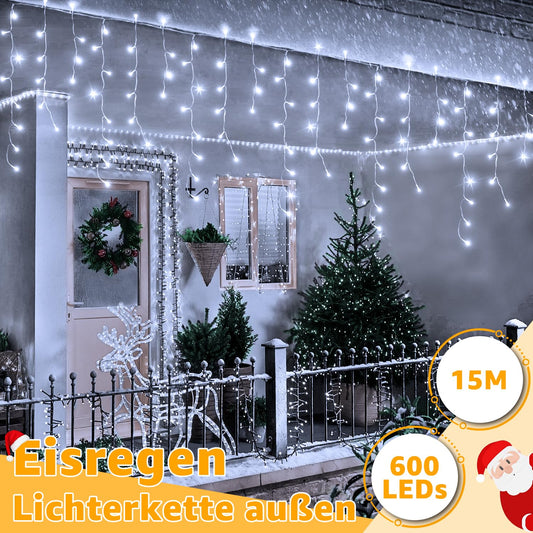 Ollny 49ft Outdoor Icicle Lights, 600 LED white Outdoor String Lights with Remote, 8 Lighting Modes Waterproof Christmas Lights for Balcony Window House Pavilion Patio Christmas Decor