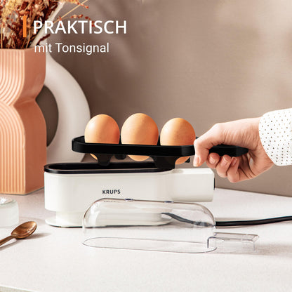 Krups Ovomat Trio egg cooker, For up to 3 eggs, Includes water measuring cup with egg piercer, egg holder, signal tone, EG234115, White/Black