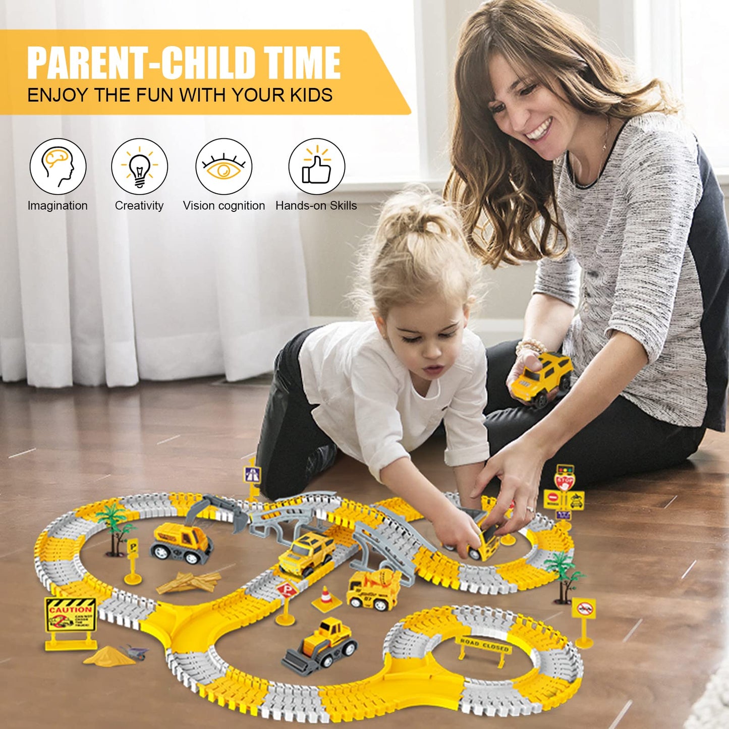 Kizplays 260pcs Car Race Track 6 Cars Excavator Toy from Toy Cars Highway from 3 4 5 6 Years Boys Girls, Flexible Track Crane Games, Electric Car Racing Track for Children Gift