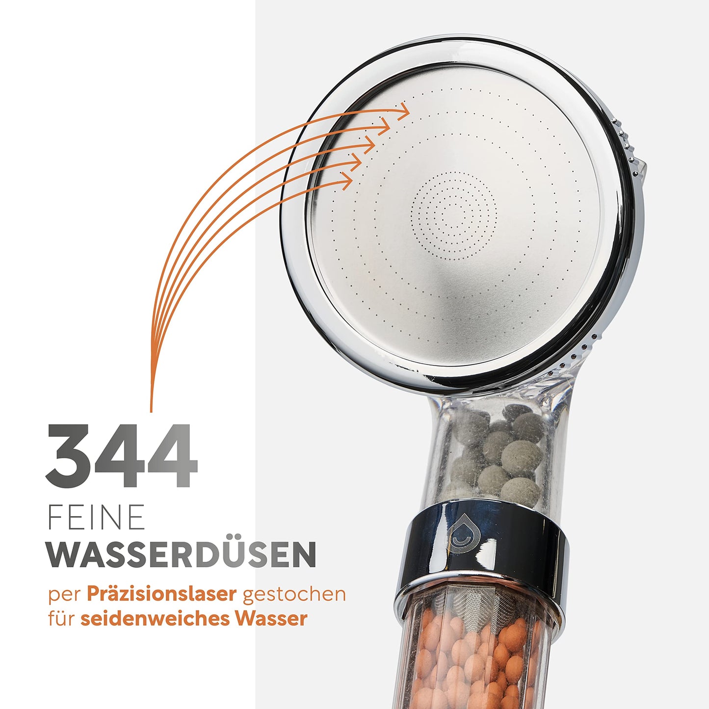 Premium shower head with mineral stones from happydrop - The water-saving handheld shower head with 3 spray modes.