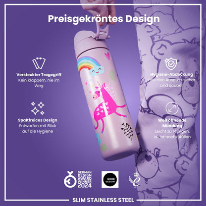 ion8  Lightweight Steel Water Bottle 600ml Non-Insulated Leakproof One-Hand Opening Secure Lock Dishwasher Safe Flip Lid Carrying Handle Easy to Clean, Lilac Unicorn