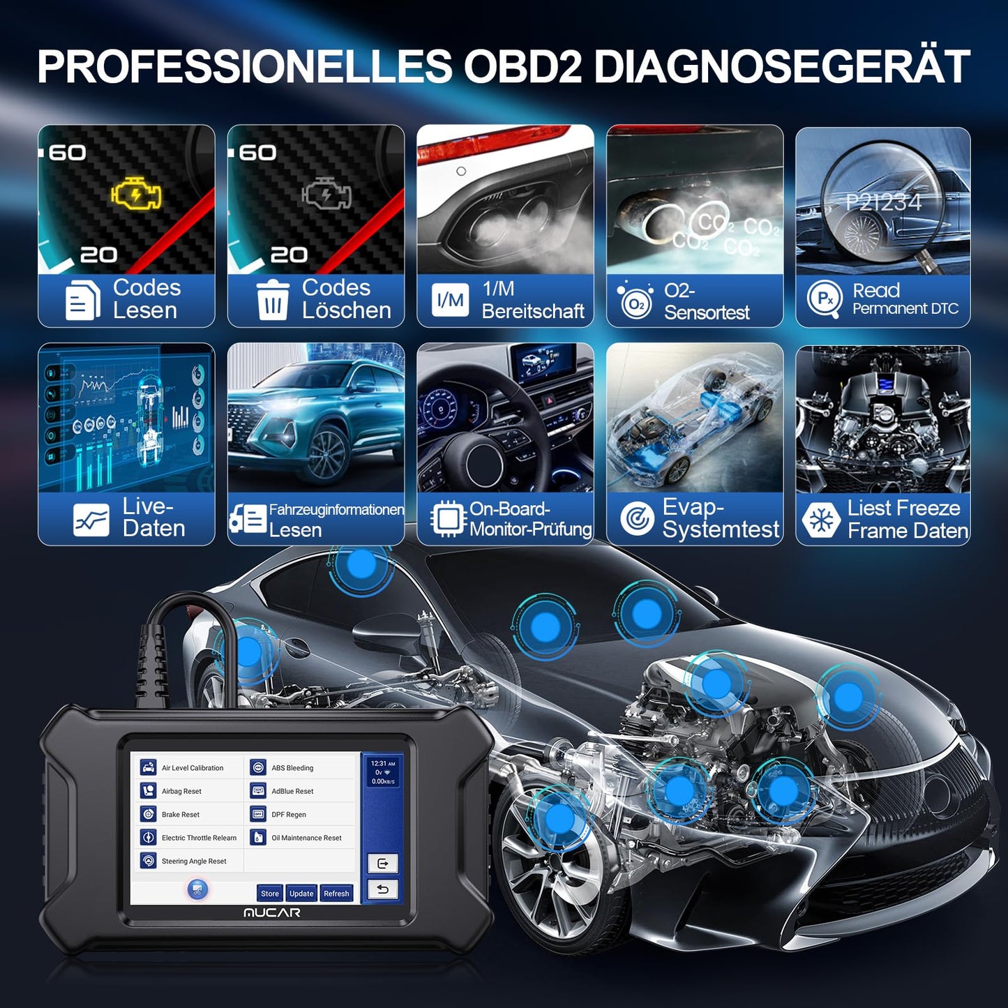 Car diagnostic tool, MUCAR CS5 OBD2 diagnostic tool with 5 system diagnoses (ECM/SRS/ABS/BCM/TCM), car diagnostic tool for AutoVIN, Android 7.0, free to use.