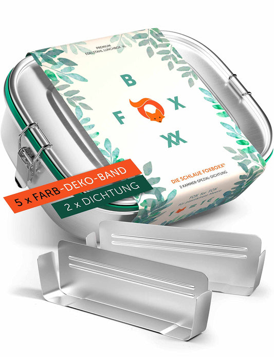 FOXBOXX stainless steel premium lunch box | Mini 800ml | 2 separators / 3 compartments | 5 x decorative color rings + 2 x seal & smart clips | Leak-proof, eco-friendly lunchbox for kids.
