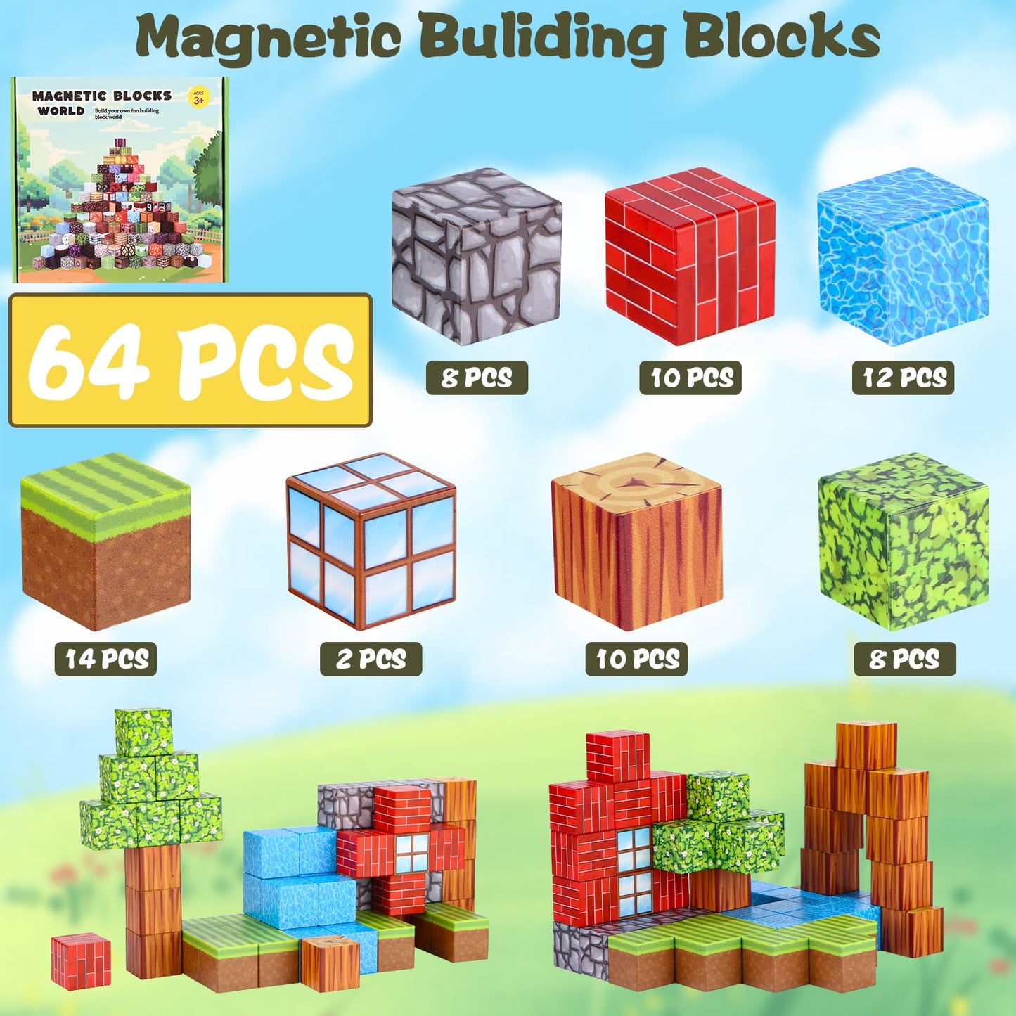 Azyvum Magnetic Building Blocks, 64 Pieces Magnetic Building Blocks for Kids, Forest World Montessori Sensory Cube for Toddlers, Magnetic Birthday Gifts for 3-10 year old boys and girls.