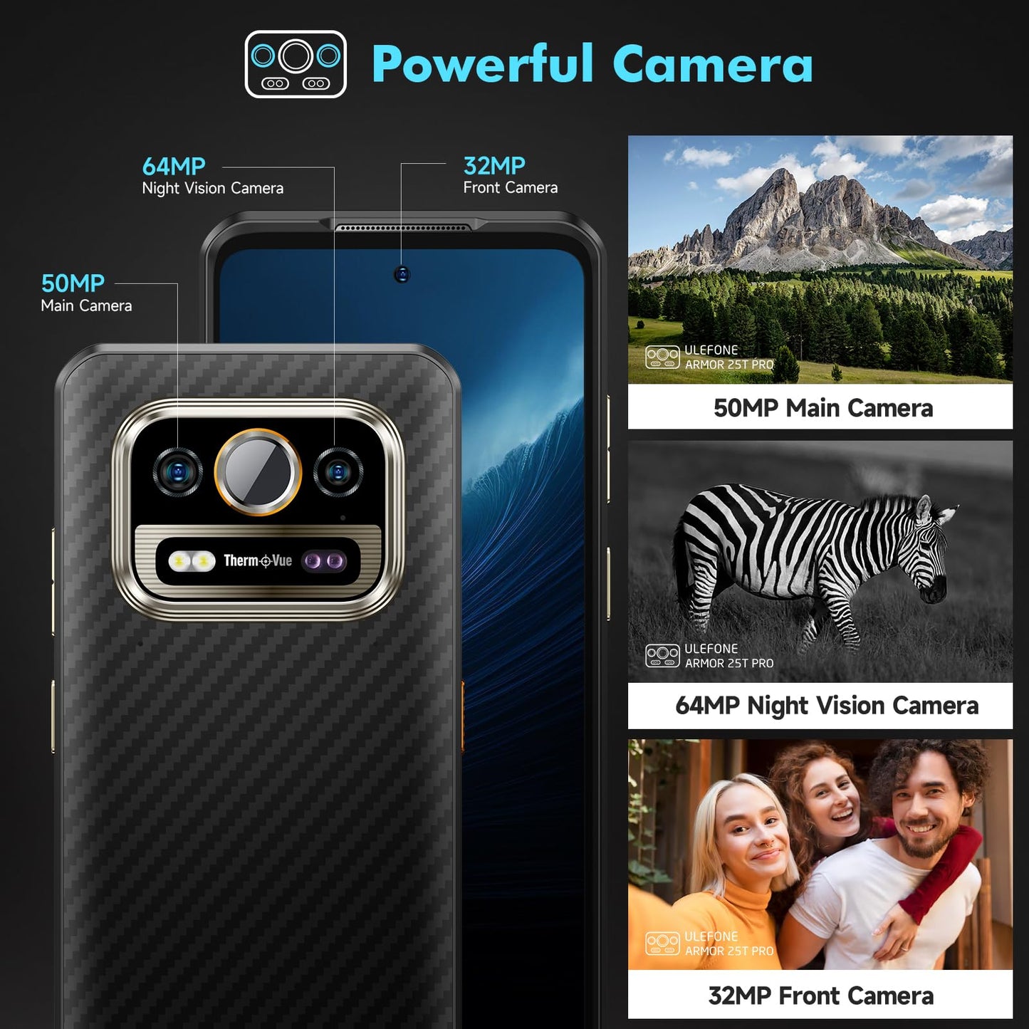 Ulefone Armor 25T Pro 5G outdoor phone with thermal imaging camera, 256GB+12GB/2TB Dimensity 6300 Android 14, 50MP+64MP night vision, 33W fast charging/6500mAh battery, 6.78" 120Hz IP68 smartphone, dual SIM, fingerprint sensor, NFC, 2-year warranty.
