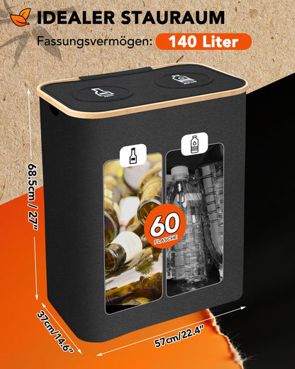 SOUTHGATE Deposit Bottle Collection Bin with 2 compartments, 140L deposit bin, suitable for empties and old glass storage with hole [including 2 XXL carrying bags], trash can with lid for kitchen & storage room, Black