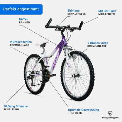 Verona 24 inch children's bike for 8, 9, 10, 11 year olds. 18 gears, mountain bike with fork suspension, girls' bike.