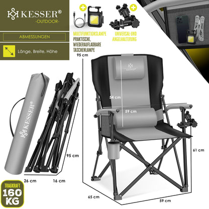 KESSER® Camping chair foldable up to 160 kg | Fishing chair Folding chair Padded with armrests | Camping light and cup holder + bag with high backrest | Beach chair with fishing rod holder