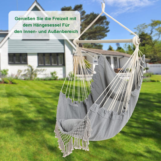 Hammock Chair Large hammock swing, 110 x 150cm Holds up to 150kg, Cotton hanging chair Hardwood spreader bar Wide seat swing chair