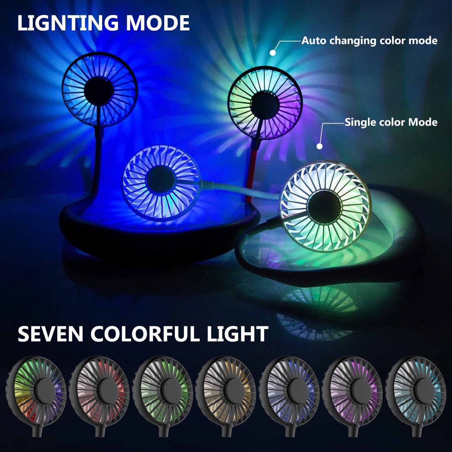 Ultra-light neck fan, USB neck fan, neck fan, quiet, 3 speeds, LED light, portable neck fan for outdoor, indoor, camping, travel, sports - black & blue.
