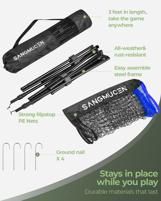 SANGMUCEN 4m Badminton Net, Volleyball Net for Garden, adjustable poles, portable set, easy to set up and take down. Ideal for tennis, badminton, or volleyball. Blue and Black color TBN004B.