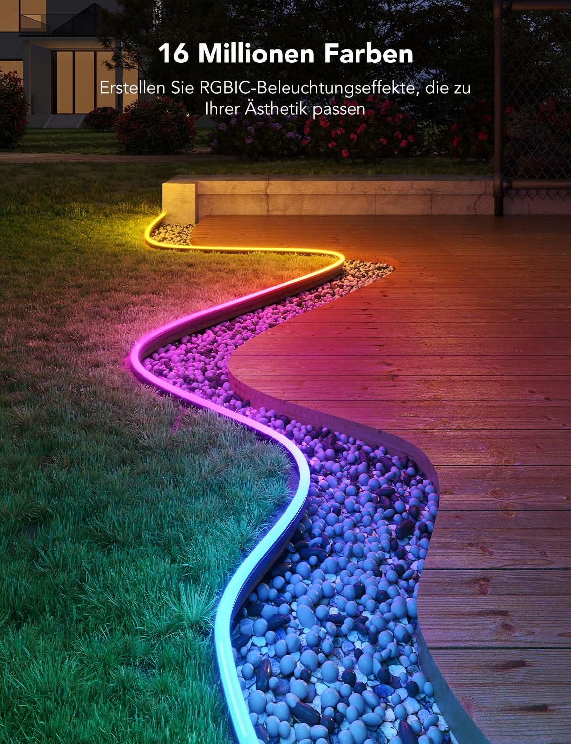 Govee Outdoor Neon LED Strip 10m, RGBIC LED strip with 64+ scene modes, Music Sync, works with Alexa and Google Assistant, IP67 waterproof ground lights for garden wall and floor decoration.