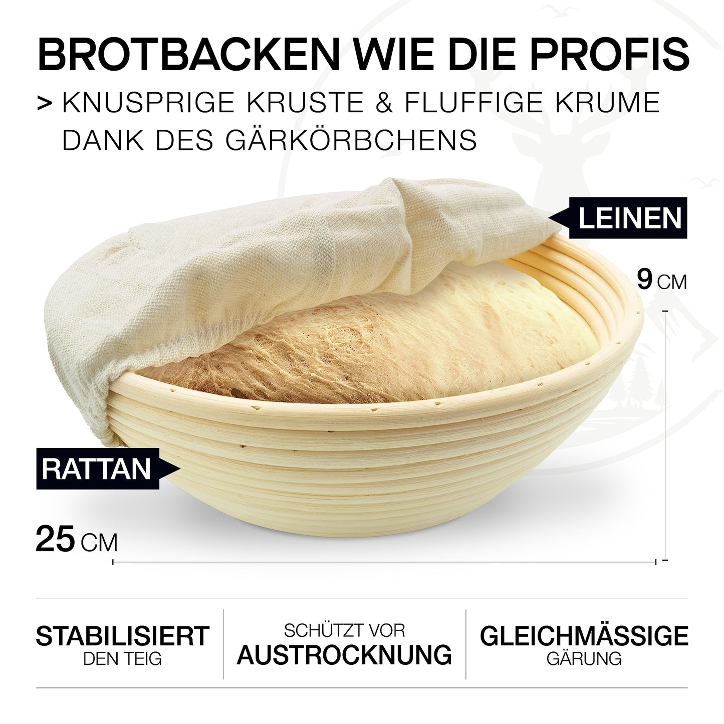 Visit Bread Pot Set [including proofing basket + brush + recipe book] Non-stick Patina Cast Iron Pot ⌀26 cm [5.5 liters] for baking bread - Bread loaf tin suitable for induction stove, pre-seasoned, round with lid.