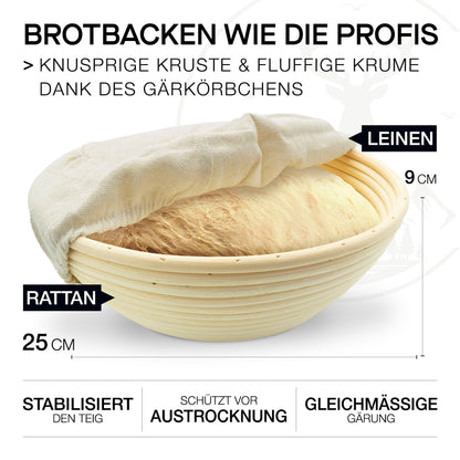 Visit Bread Pot Set [including proofing basket + brush + recipe book] Non-stick Patina Cast Iron Pot ⌀26 cm [5.5 liters] for baking bread - Bread loaf tin suitable for induction stove, pre-seasoned, round with lid.