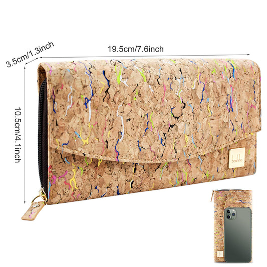 Boshiho cork wallet for women, sustainable vegan purse made from large cork with zipper. Features multiple compartments, ideal vegan gift.