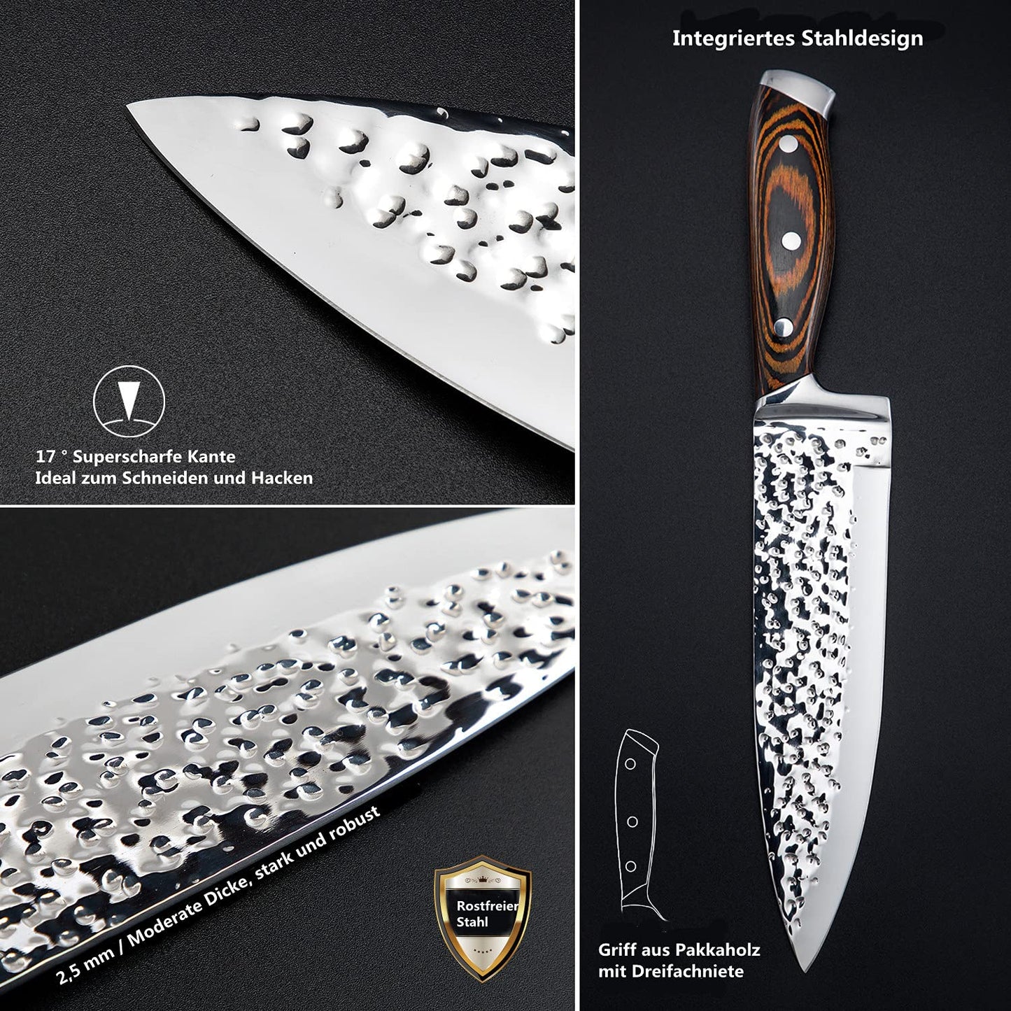 HOBO knife set, 15-piece knife block set, kitchen knife set with Santoku knife, chef's knife, bread knife, paring knife, steak knife, sharpener, Japanese stainless steel blades, water ripple texture, colored wooden handle.
