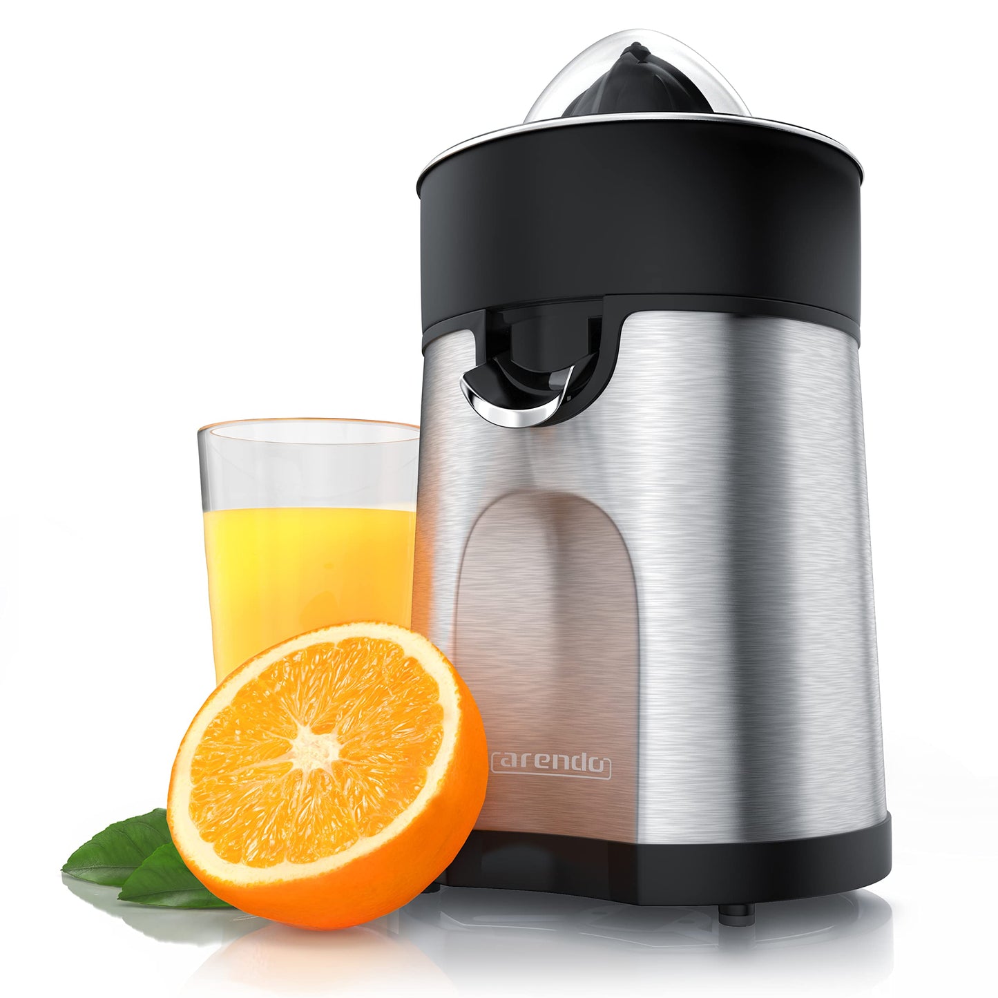 Arendo - electric orange juicer & citrus press stainless steel - juice container 200 ml - start-stop automatic - with 2 press cones - including clear hood - GS tested safety.