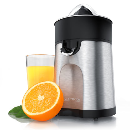 Arendo - electric orange juicer & citrus press stainless steel - juice container 200 ml - start-stop automatic - with 2 press cones - including clear hood - GS tested safety.