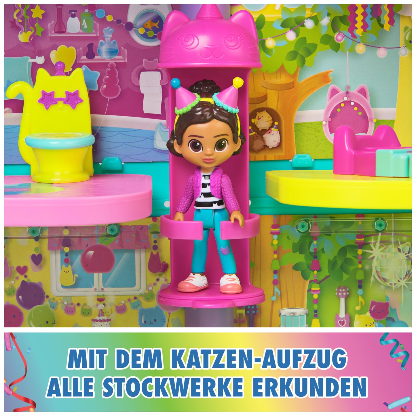Gabby's Dollhouse, 15-piece Purrfect Party dollhouse play set in rainbow colors, over 60cm with Gabby figure, furniture, and sound effects, for ages 3+.