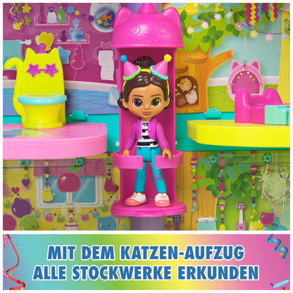 Gabby's Dollhouse, 15-piece Purrfect Party dollhouse play set in rainbow colors, over 60cm with Gabby figure, furniture, and sound effects, for ages 3+.