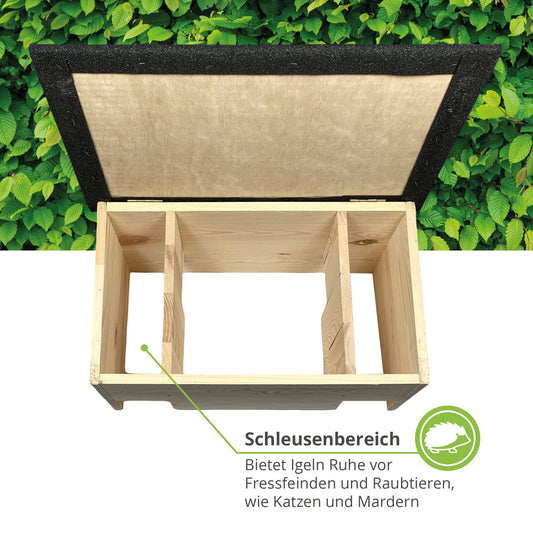 GROUND FLOOR Hedgehog feeding house without base made of solid wood/Hedgehog house winterproof, cat-safe/Hedgehog feeding house produced in Germany & made of certified wood/Hedgehog feeding spot