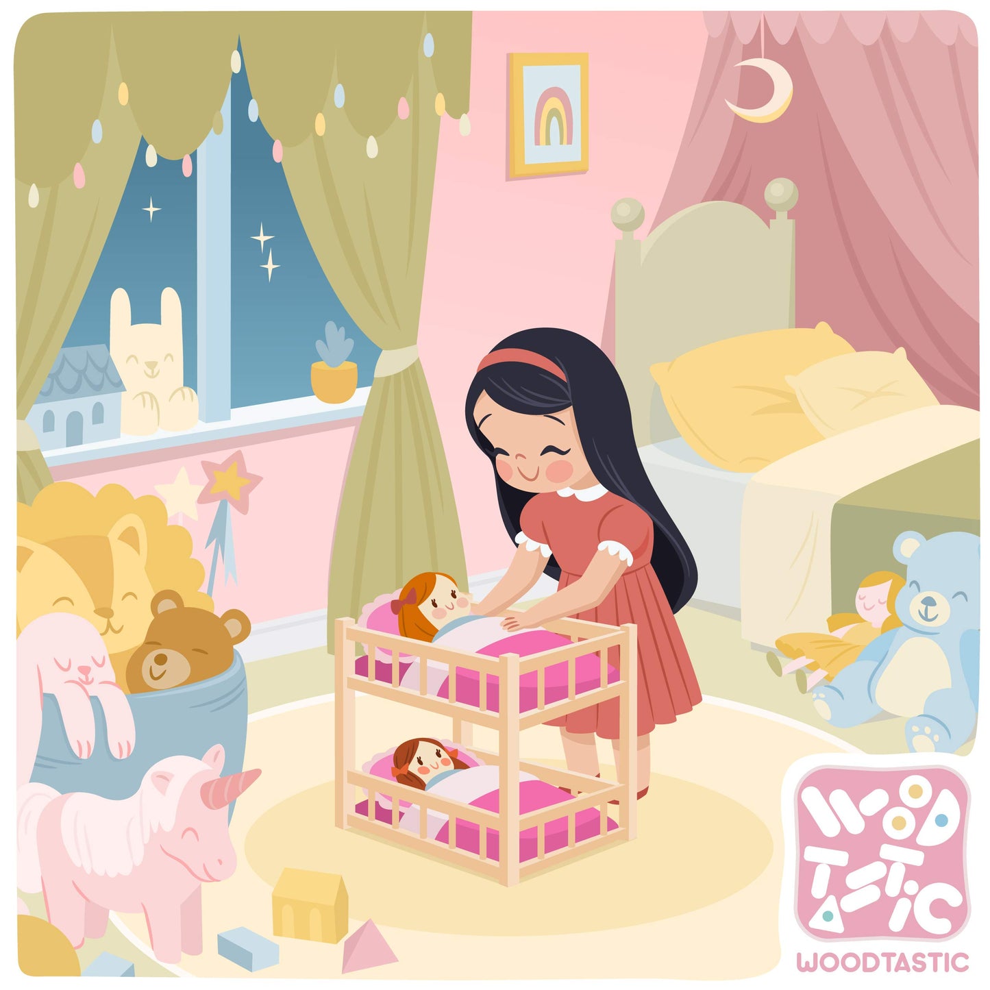 Wooden doll bunk bed - doll bed for dolls up to 36 cm - Creative play with doll furniture in pink.